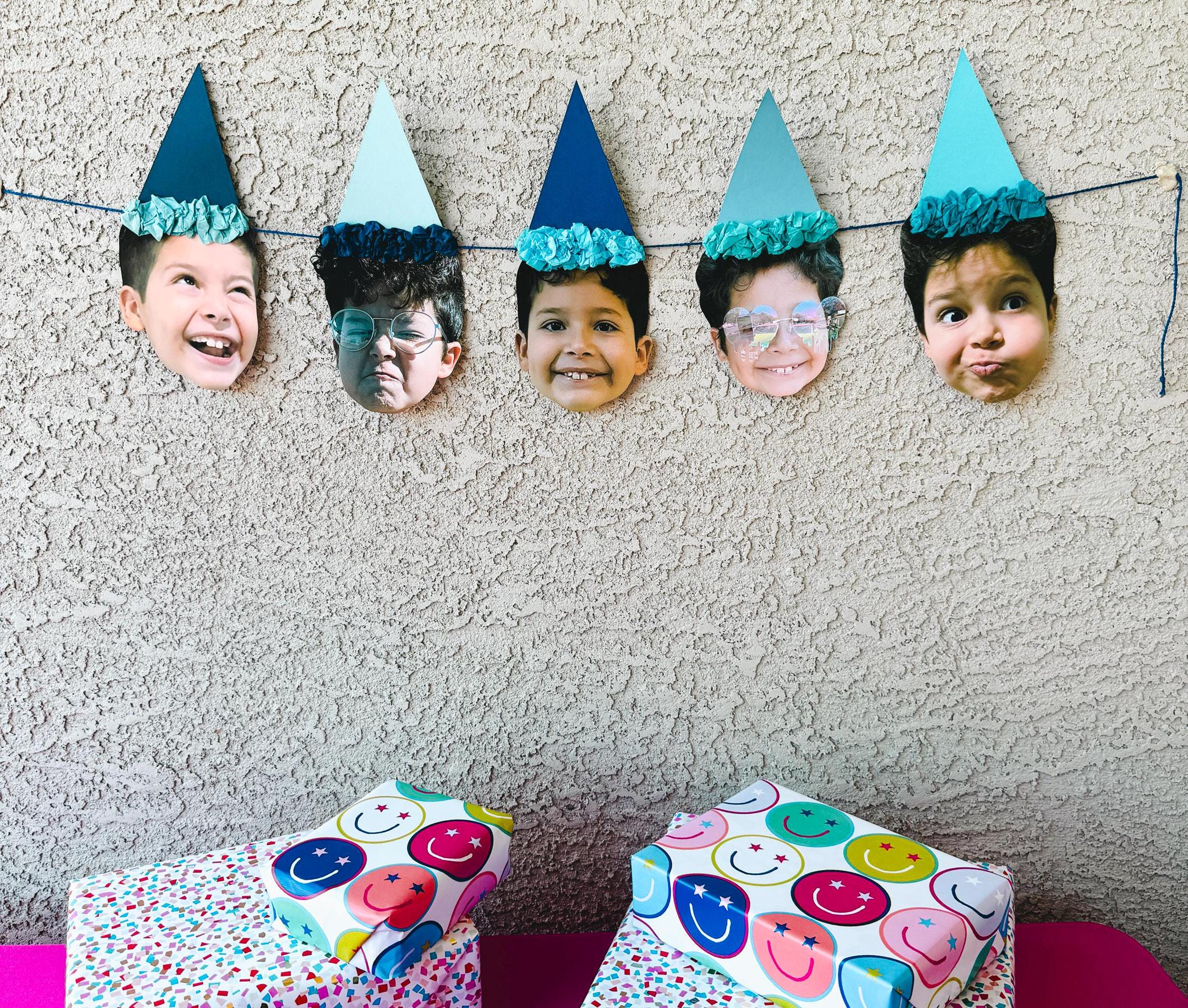 SHADES OF BLUE Custom Face Birthday Banner with Photos, 30th 40th 50th Birthday Party Decor, Personalized Party Banner, Adult Birthday Decoration Blue Hats