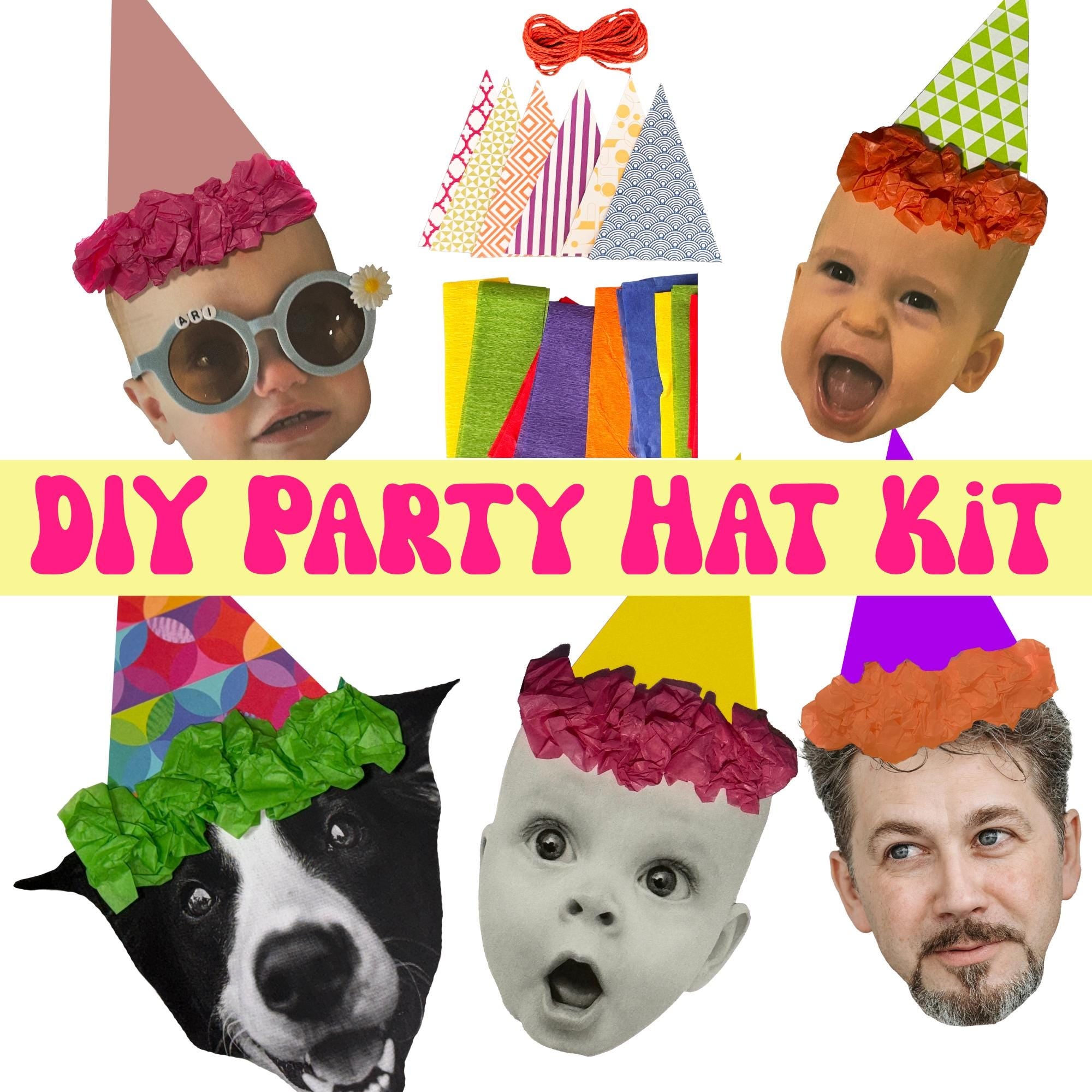 DIY Birthday Party Hat Kit: 12 Paper Hats, Tissue & Twine