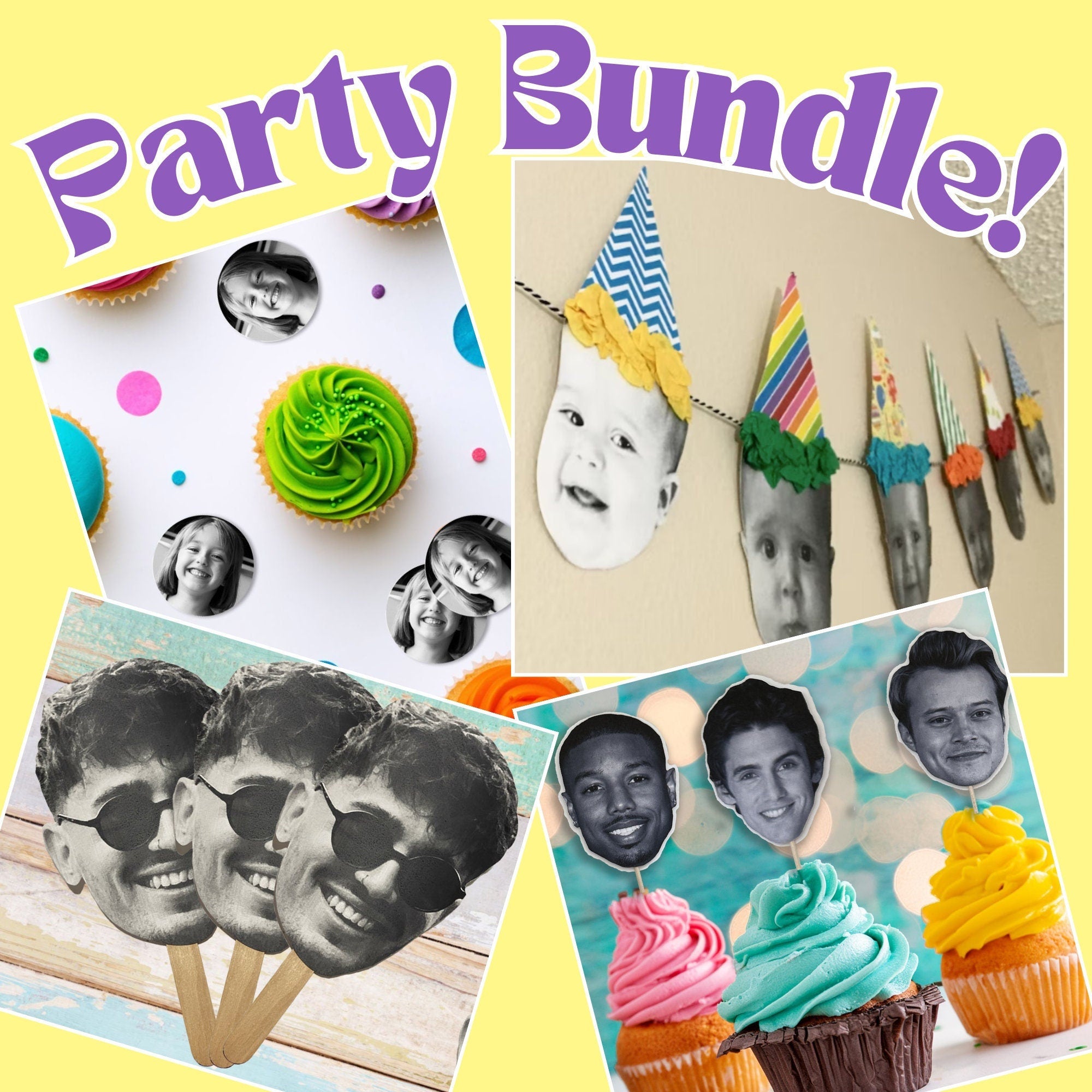 Custom Face Party Bundle with Banner Confetti Cupcake Toppers, Personalized Birthday Party Decor Set, Adult Birthday Decorations